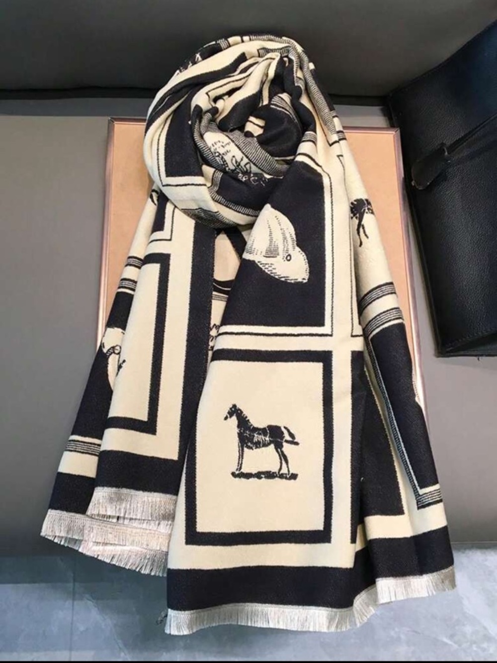 Luxe Classic Black and Cream Horse Print Wrap Scarf